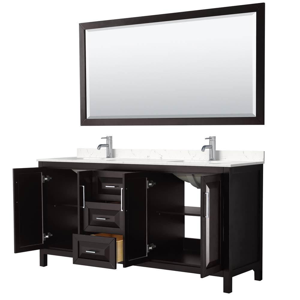 Daria 72 Inch Double Bathroom Vanity in Dark Espresso, Carrara Cultured Marble Countertop, Undermount Square Sinks, 70 Inch Mirror