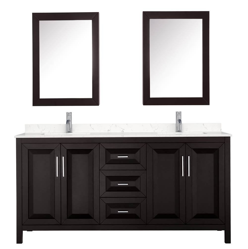 Daria 72 Inch Double Bathroom Vanity in Dark Espresso, Carrara Cultured Marble Countertop, Undermount Square Sinks, Medicine Cabinets
