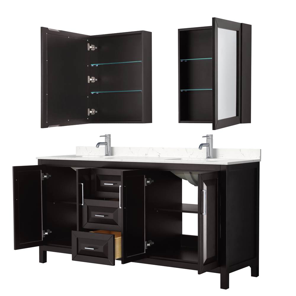Daria 72 Inch Double Bathroom Vanity in Dark Espresso, Carrara Cultured Marble Countertop, Undermount Square Sinks, Medicine Cabinets