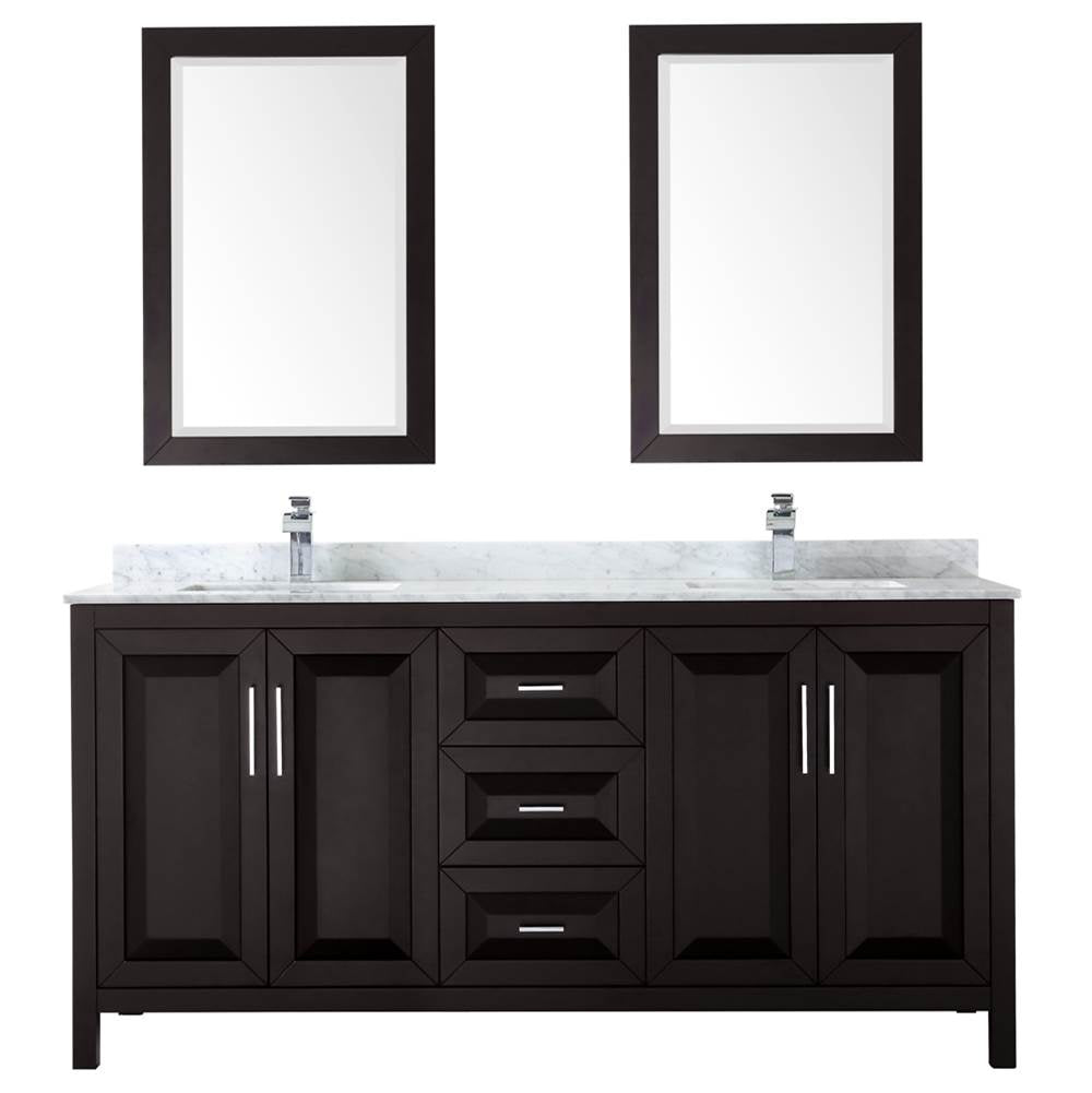 Daria 72 Inch Double Bathroom Vanity in Dark Blue, White Carrara Marble Countertop, Undermount Square Sinks, 24 Inch Mirrors