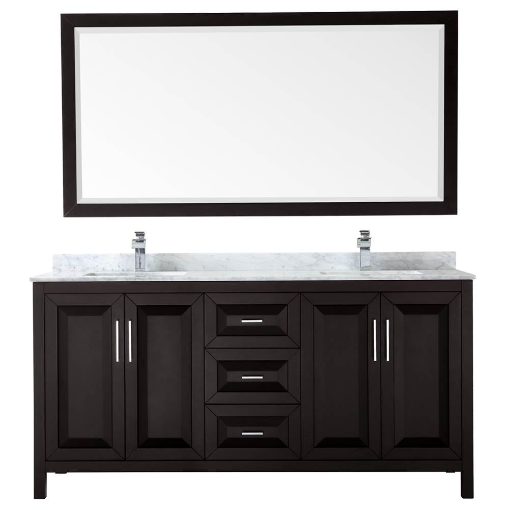 Daria 72 Inch Double Bathroom Vanity in Dark Blue, White Carrara Marble Countertop, Undermount Square Sinks, 70 Inch Mirror