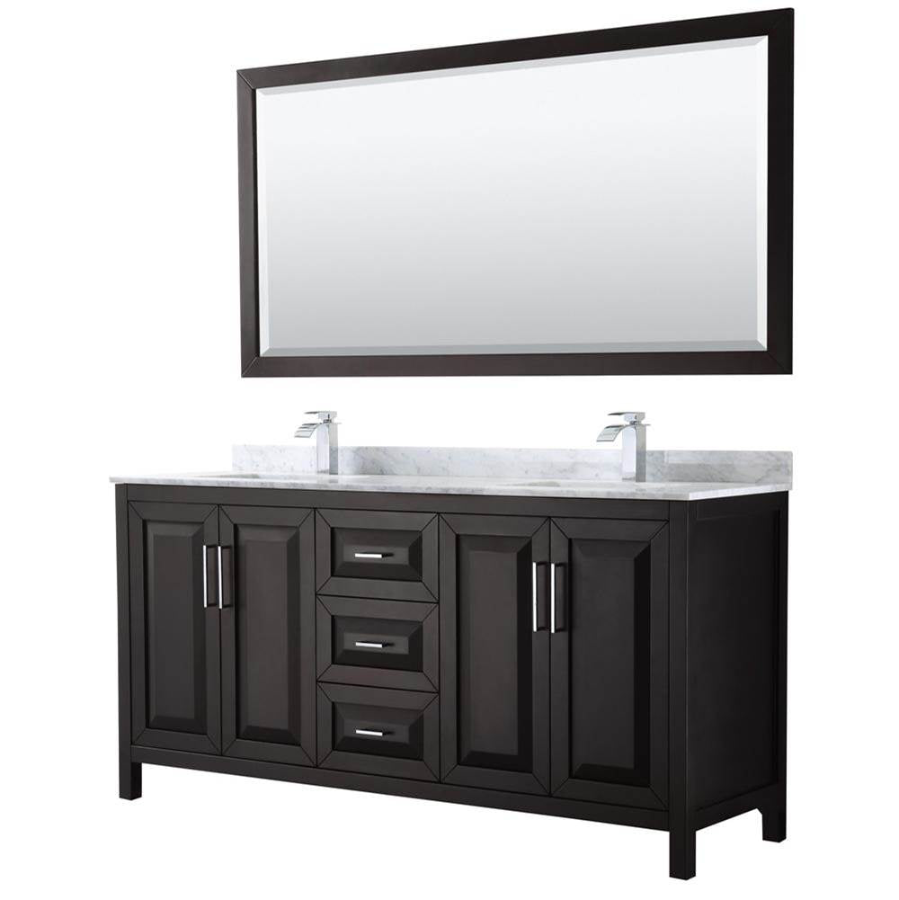 Wyndham Collection - Daria 72 Inch Double Bathroom Vanity in Dark Espresso, White Carrara Marble Countertop, Undermount Square Sinks, and 70 Inch Mirror - Dark Espresso