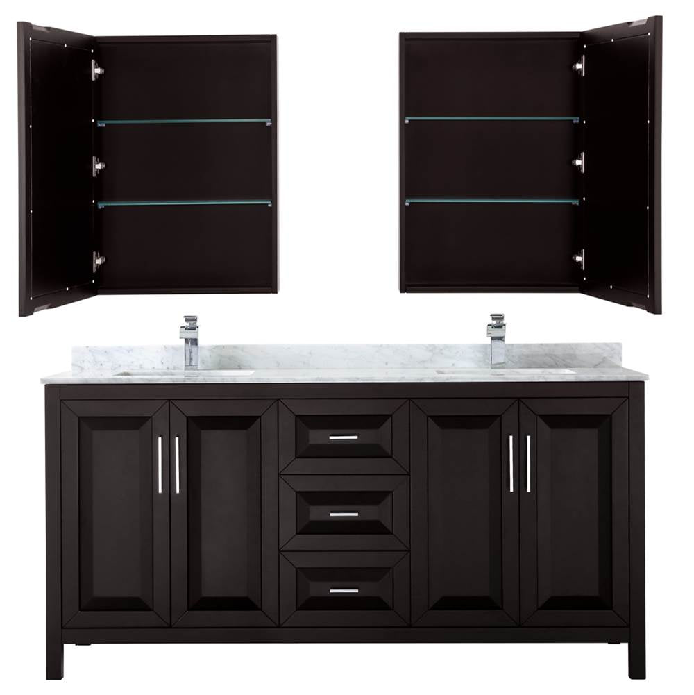 Daria 72 Inch Double Bathroom Vanity in Dark Blue, White Carrara Marble Countertop, Undermount Square Sinks, Medicine Cabinets