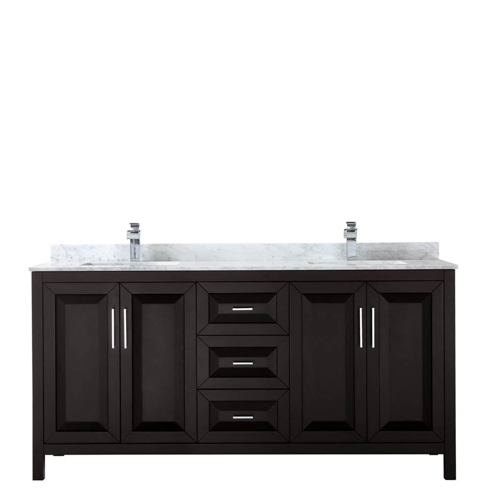 Daria 72 Inch Double Bathroom Vanity in Dark Blue, White Carrara Marble Countertop, Undermount Square Sinks, No Mirror