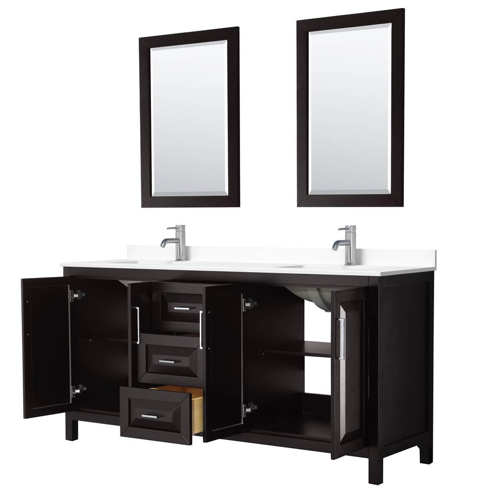 Daria 72 Inch Double Bathroom Vanity in Dark Espresso, White Cultured Marble Countertop, Undermount Square Sinks, 24 Inch Mirrors
