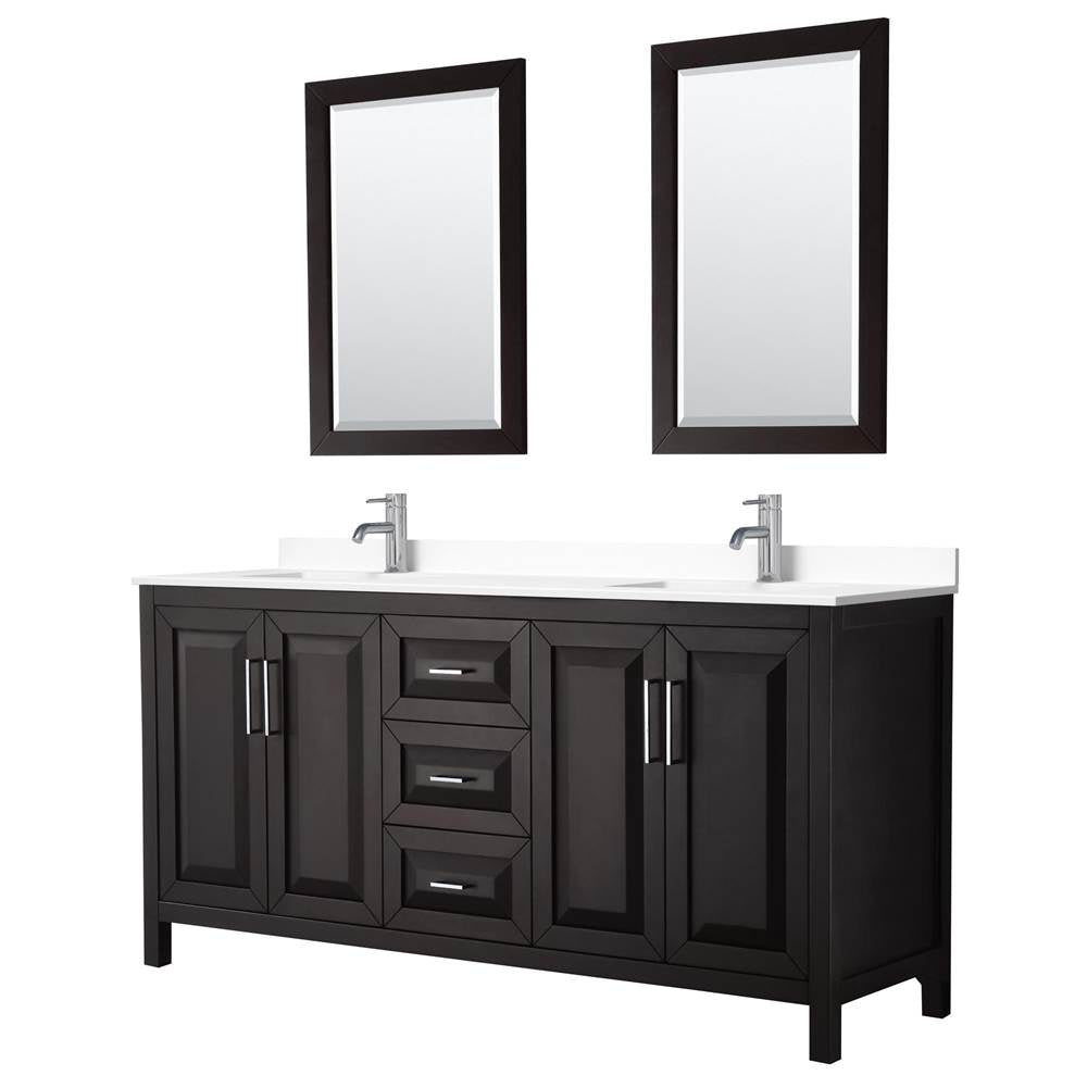 Wyndham Collection - Daria 72 Inch Double Bathroom Vanity in Dark Espresso, White Cultured Marble Countertop, Undermount Square Sinks, 24 Inch Mirrors