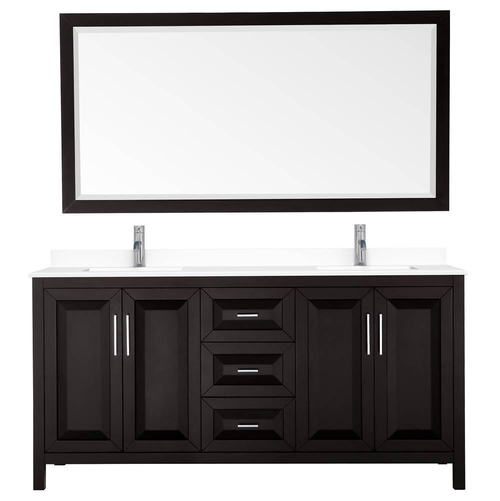 Daria 72 Inch Double Bathroom Vanity in Dark Espresso, White Cultured Marble Countertop, Undermount Square Sinks, 70 Inch Mirror