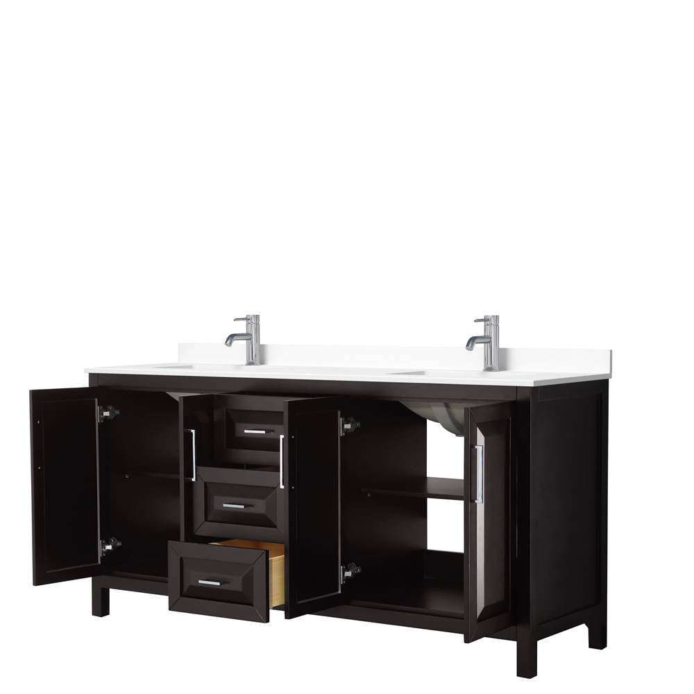 Daria 72 Inch Double Bathroom Vanity in Dark Espresso, White Cultured Marble Countertop, Undermount Square Sinks, No Mirror
