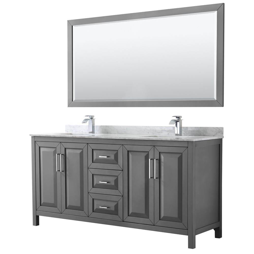 Wyndham Collection - Daria 72 Inch Double Bathroom Vanity in Dark Gray, White Carrara Marble Countertop, Undermount Square Sinks, and 70 Inch Mirror - Dark Gray