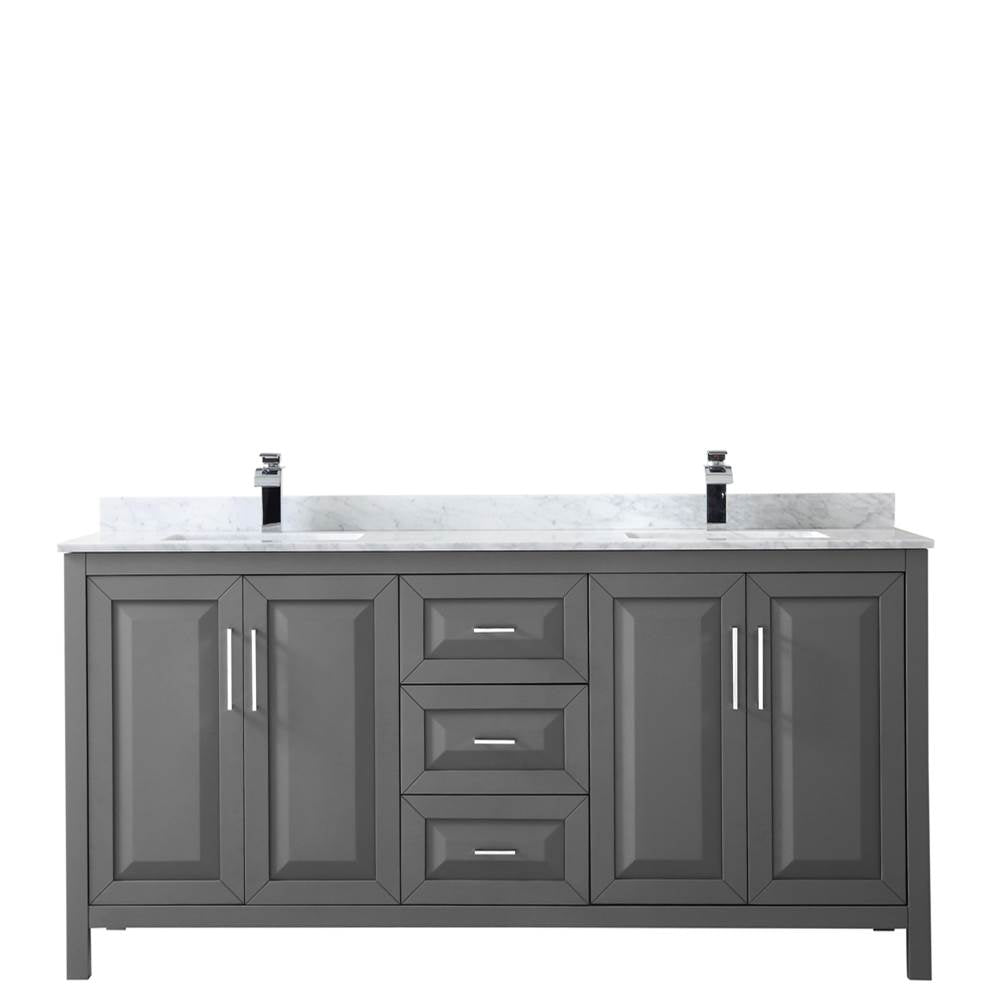Daria 72 Inch Double Bathroom Vanity in Dark Blue, White Carrara Marble Countertop, Undermount Square Sinks, No Mirror