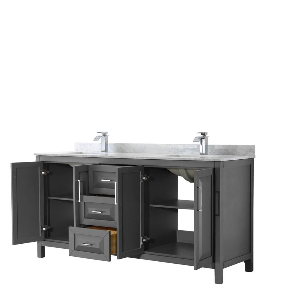 Daria 72 Inch Double Bathroom Vanity in Dark Blue, White Carrara Marble Countertop, Undermount Square Sinks, No Mirror