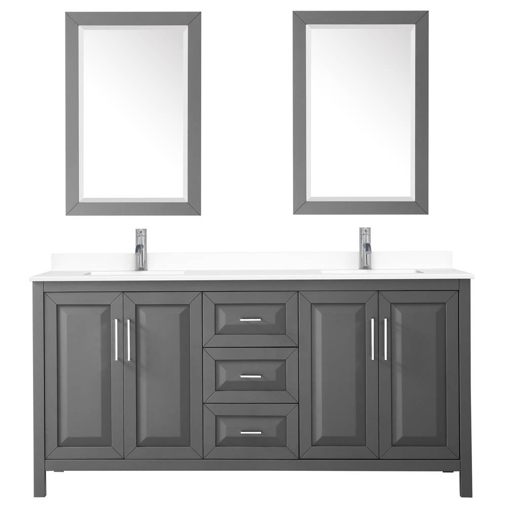 Daria 72 Inch Double Bathroom Vanity in Dark Gray, White Cultured Marble Countertop, Undermount Square Sinks, 24 Inch Mirrors