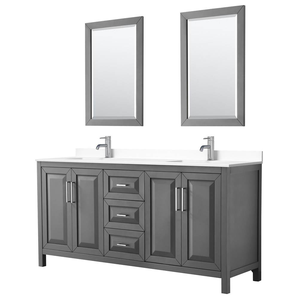Wyndham Collection - Daria 72 Inch Double Bathroom Vanity in Dark Gray, White Cultured Marble Countertop, Undermount Square Sinks, 24 Inch Mirrors