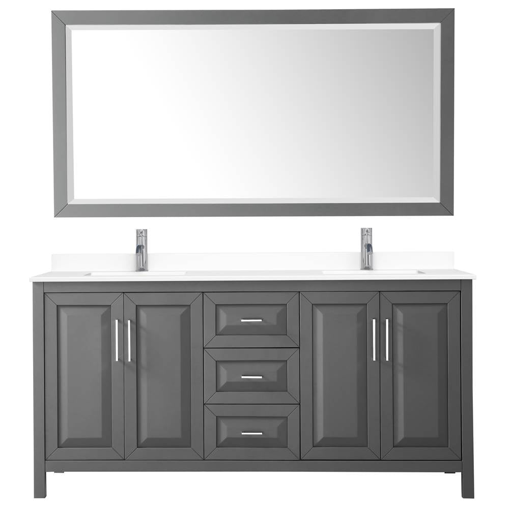 Daria 72 Inch Double Bathroom Vanity in Dark Gray, White Cultured Marble Countertop, Undermount Square Sinks, 70 Inch Mirror
