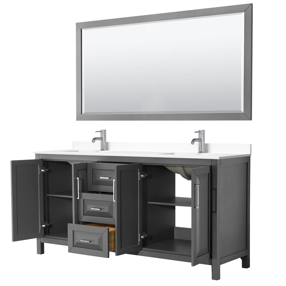 Daria 72 Inch Double Bathroom Vanity in Dark Gray, White Cultured Marble Countertop, Undermount Square Sinks, 70 Inch Mirror