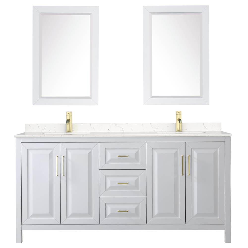 Daria 72 Inch Double Bathroom Vanity in White, Carrara Cultured Marble Countertop, Undermount Square Sinks, 24 Inch Mirrors, Brushed Gold Trim