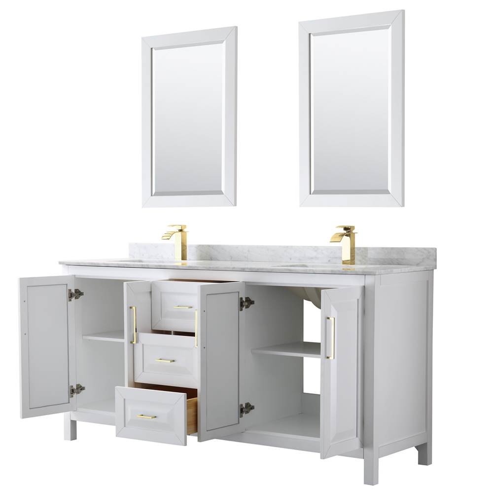 Daria 72 Inch Double Bathroom Vanity in White, White Carrara Marble Countertop, Undermount Square Sinks, 24 Inch Mirrors, Brushed Gold Trim