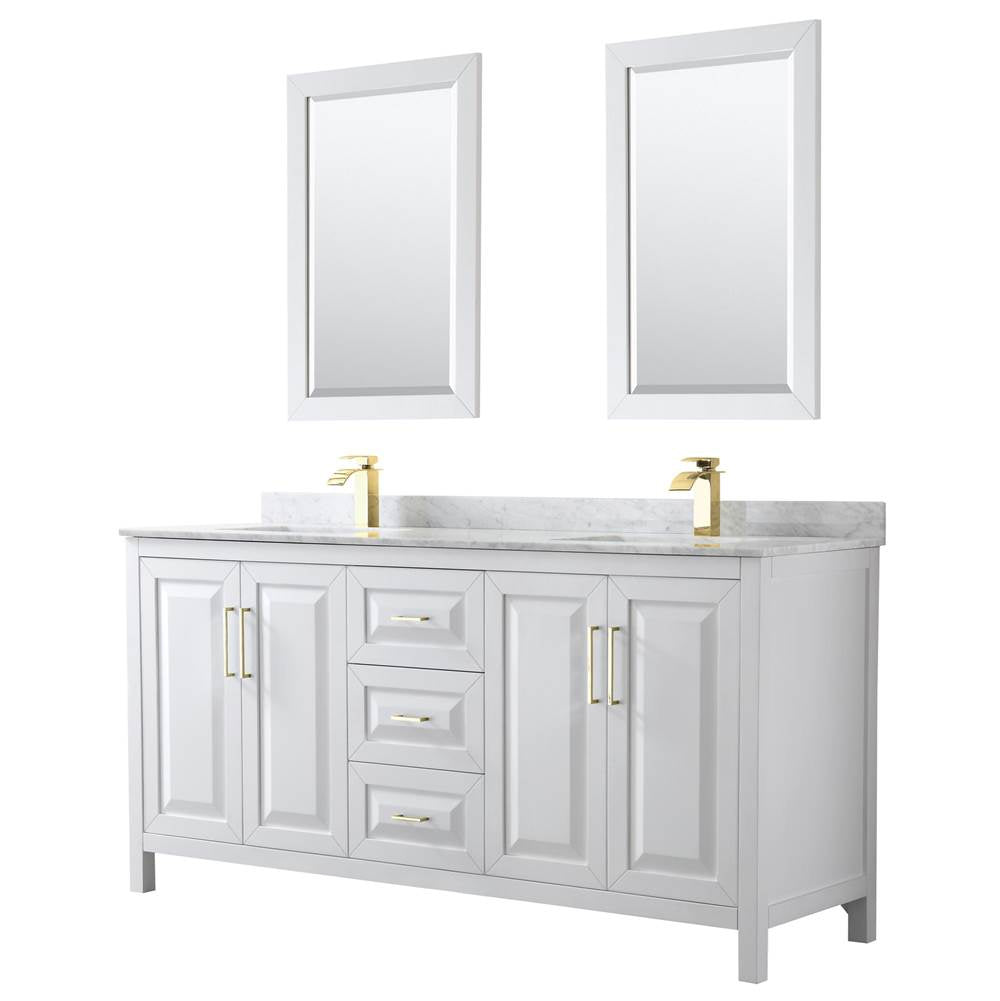 Wyndham Collection - Daria 72 Inch Double Bathroom Vanity in White, White Carrara Marble Countertop, Undermount Square Sinks, 24 Inch Mirrors, Brushed Gold Trim