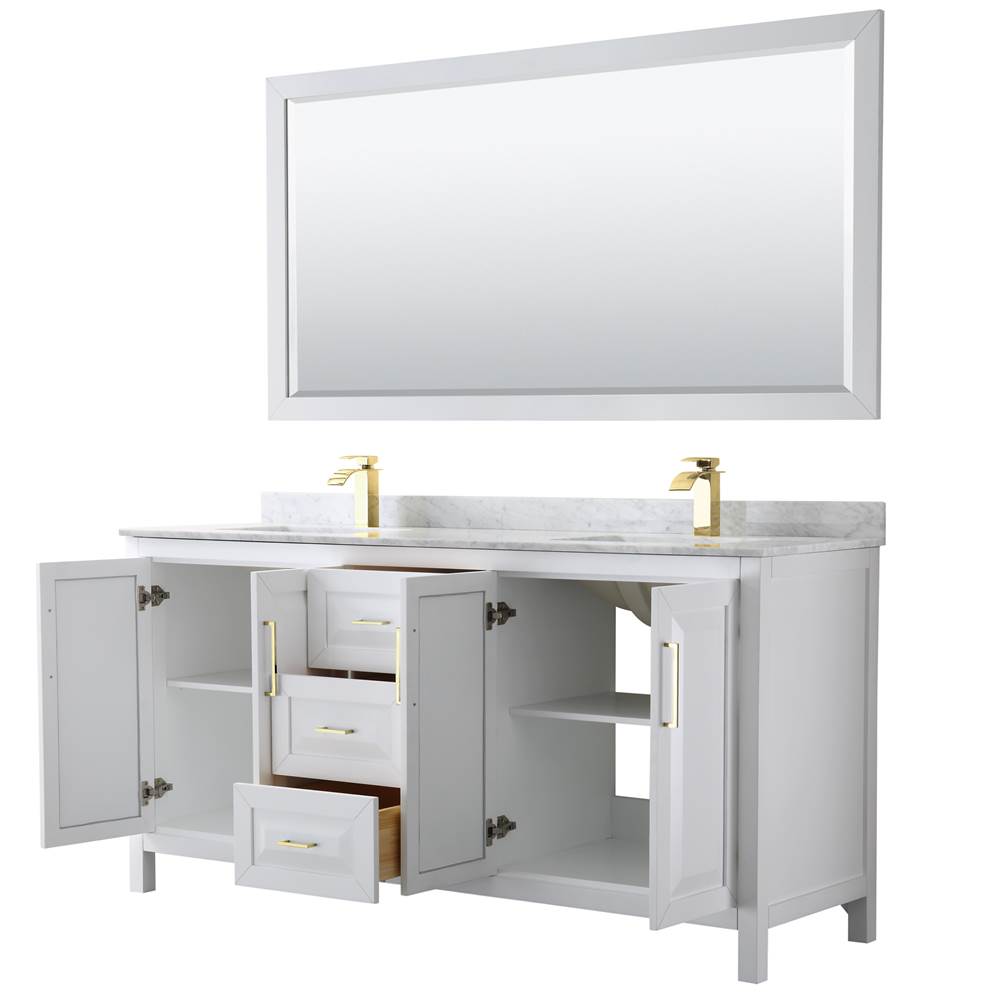 Daria 72 Inch Double Bathroom Vanity in White, White Carrara Marble Countertop, Undermount Square Sinks, 70 Inch Mirror, Brushed Gold Trim