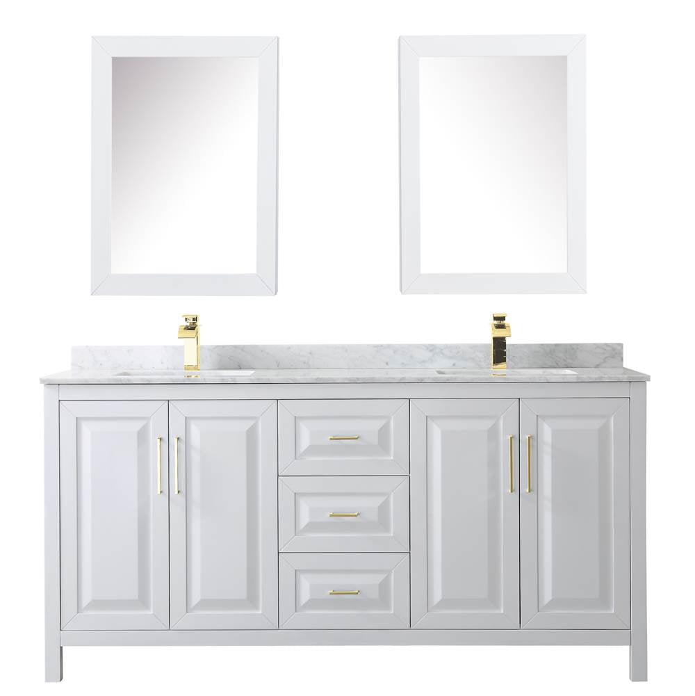 Daria 72 Inch Double Bathroom Vanity in White, White Carrara Marble Countertop, Undermount Square Sinks, Medicine Cabinets, Brushed Gold Trim