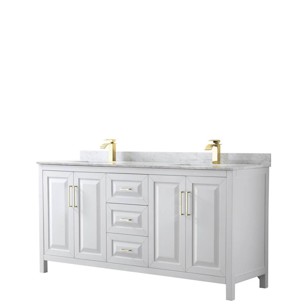 Wyndham Collection - Daria 72 Inch Double Bathroom Vanity in White, White Carrara Marble Countertop, Undermount Square Sinks, Brushed Gold Trim