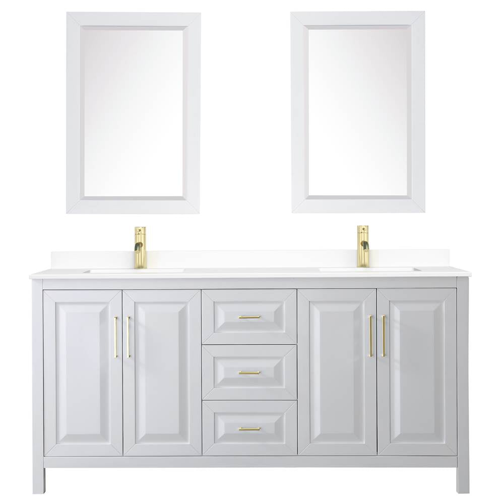 Daria 72 Inch Double Bathroom Vanity in White, White Cultured Marble Countertop, Undermount Square Sinks, 24 Inch Mirrors, Brushed Gold Trim