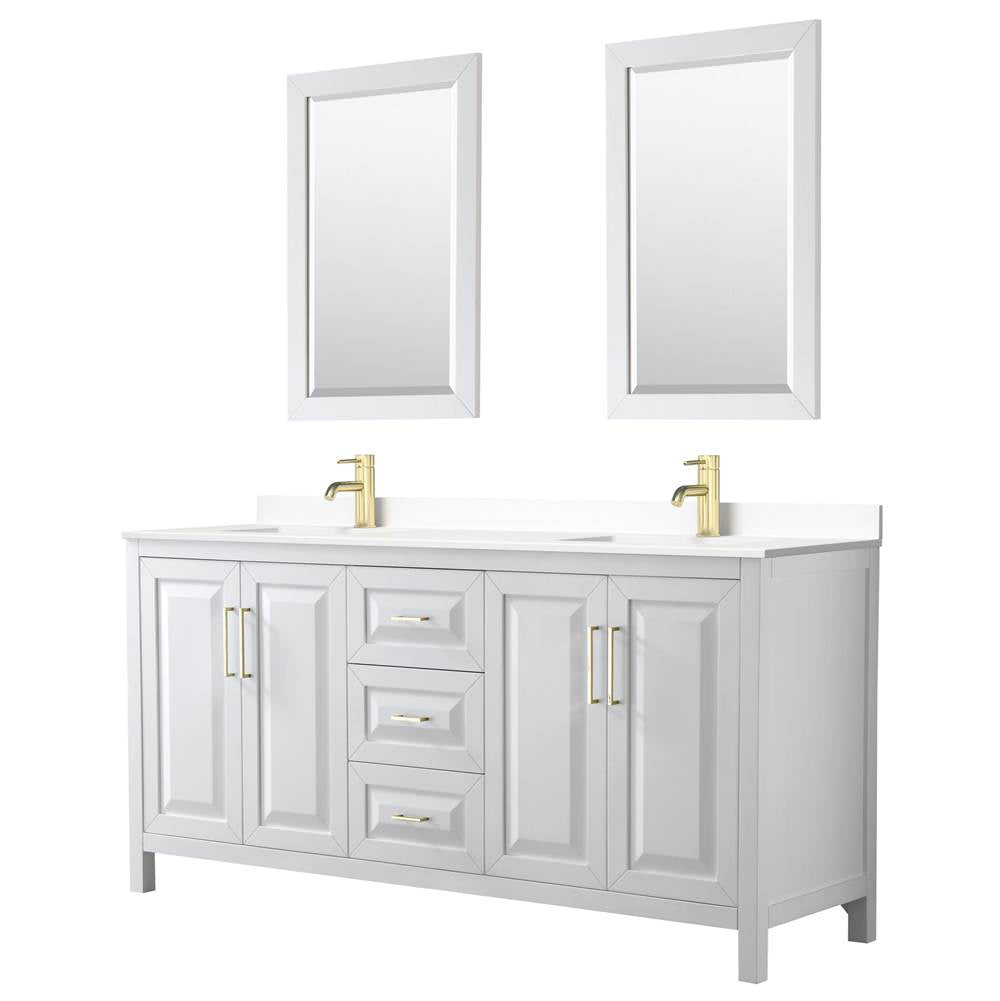 Wyndham Collection - Daria 72 Inch Double Bathroom Vanity in White, White Cultured Marble Countertop, Undermount Square Sinks, 24 Inch Mirrors, Brushed Gold Trim