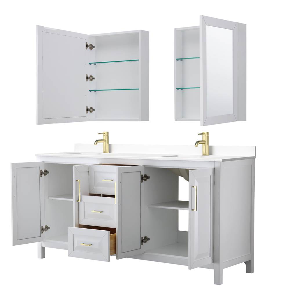 Daria 72 Inch Double Bathroom Vanity in White, White Cultured Marble Countertop, Undermount Square Sinks, Medicine Cabinets, Brushed Gold Trim