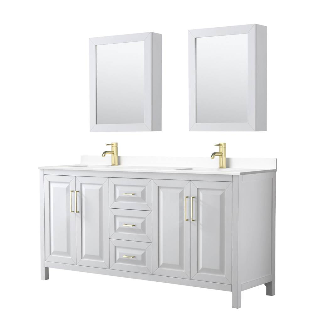 Wyndham Collection - Daria 72 Inch Double Bathroom Vanity in White, White Cultured Marble Countertop, Undermount Square Sinks, Medicine Cabinets, Brushed Gold Trim