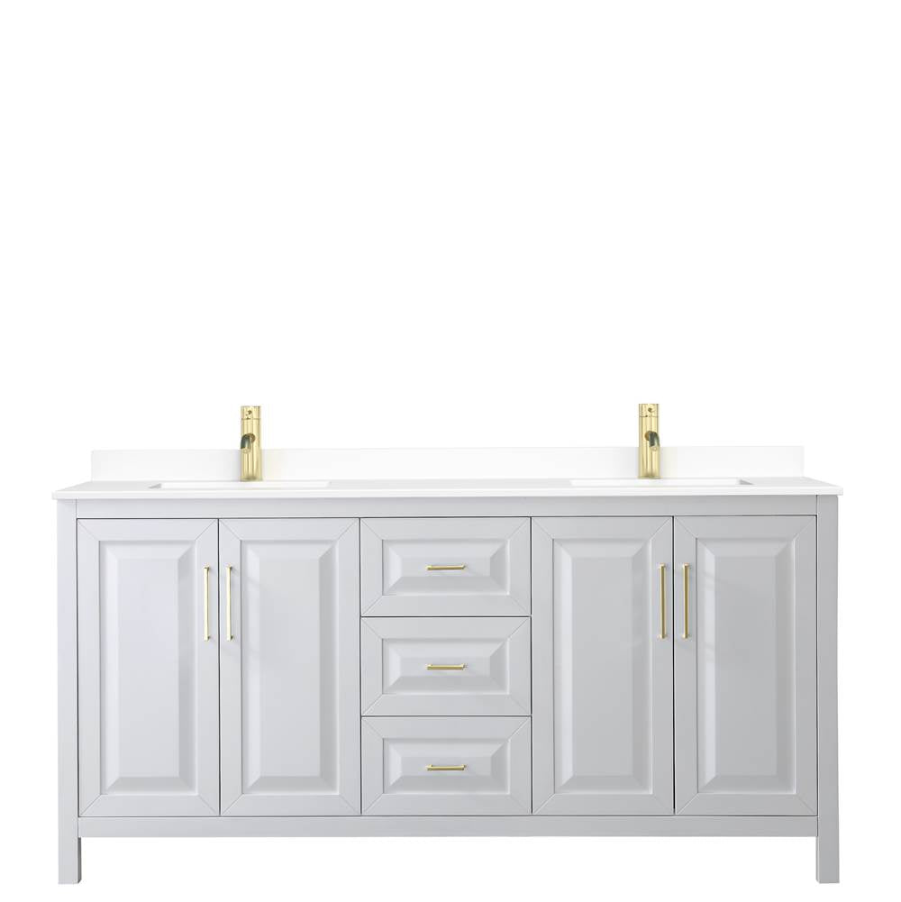 Daria 72 Inch Double Bathroom Vanity in White, White Cultured Marble Countertop, Undermount Square Sinks, Brushed Gold Trim