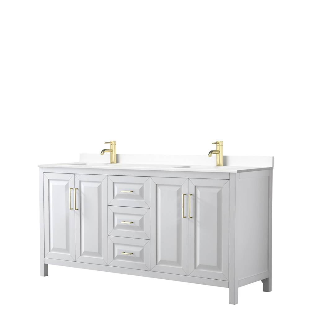 Wyndham Collection - Daria 72 Inch Double Bathroom Vanity in White, White Cultured Marble Countertop, Undermount Square Sinks, Brushed Gold Trim