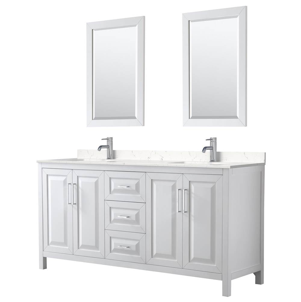 Wyndham Collection - Daria 72 Inch Double Bathroom Vanity in White, Carrara Cultured Marble Countertop, Undermount Square Sinks, 24 Inch Mirrors