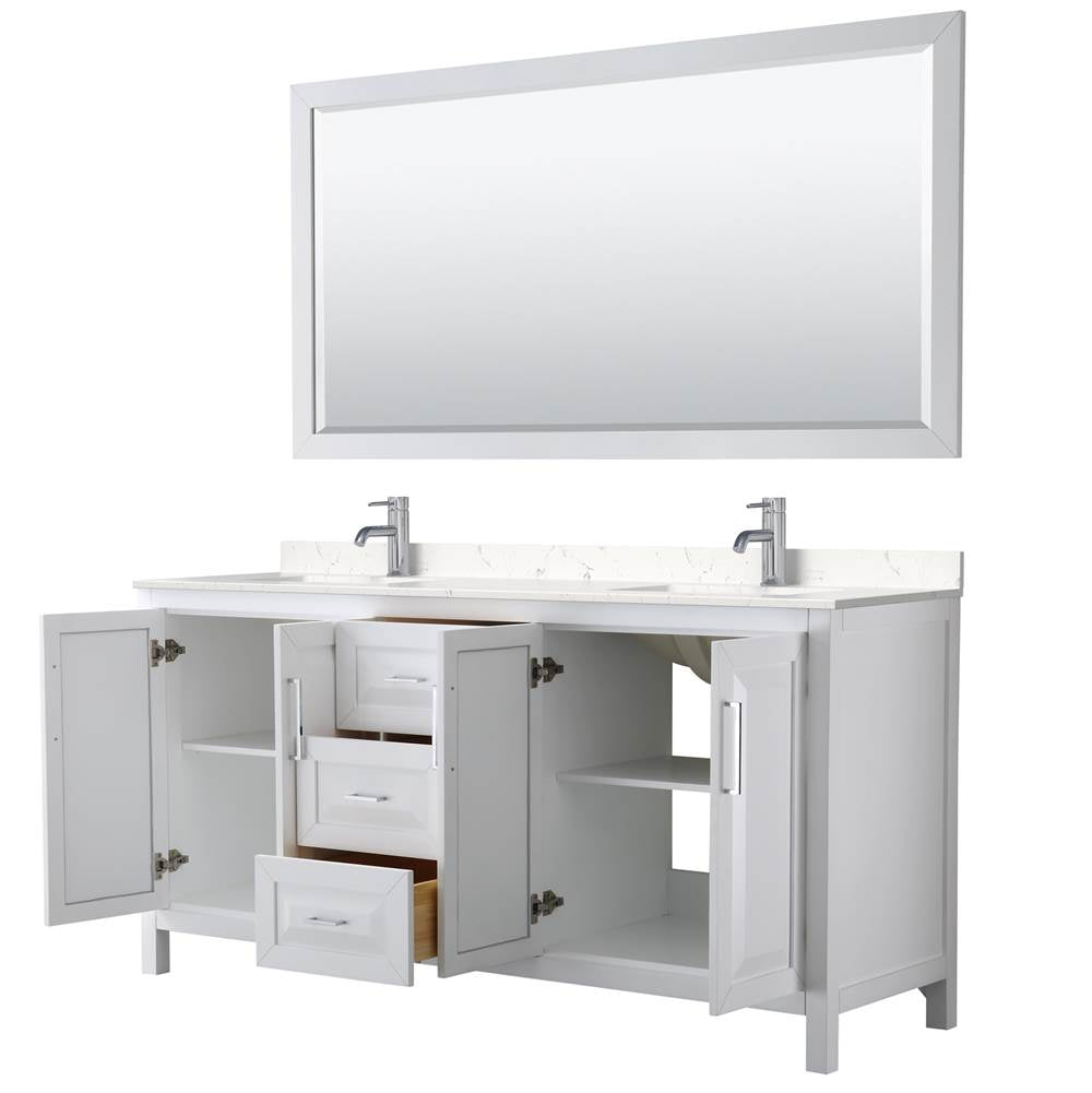 Daria 72 Inch Double Bathroom Vanity in White, Carrara Cultured Marble Countertop, Undermount Square Sinks, 70 Inch Mirror