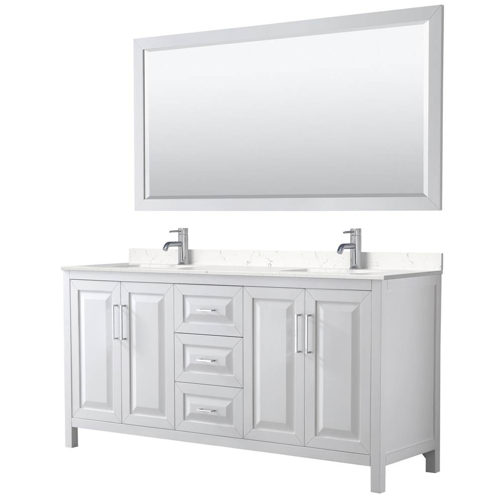 Wyndham Collection - Daria 72 Inch Double Bathroom Vanity in White, Carrara Cultured Marble Countertop, Undermount Square Sinks, 70 Inch Mirror