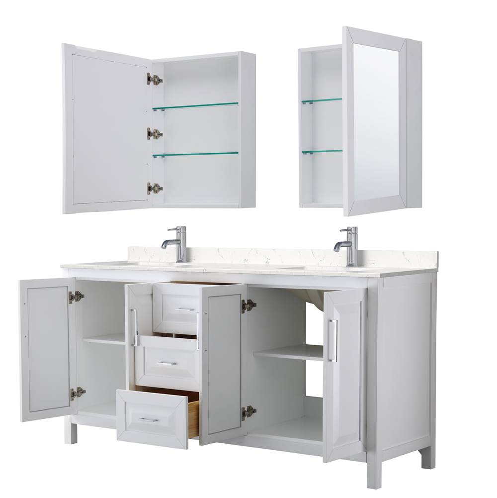 Daria 72 Inch Double Bathroom Vanity in White, Carrara Cultured Marble Countertop, Undermount Square Sinks, Medicine Cabinets