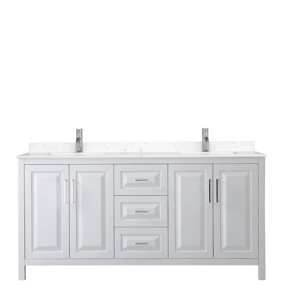 Daria 72 Inch Double Bathroom Vanity in White, Carrara Cultured Marble Countertop, Undermount Square Sinks, No Mirror
