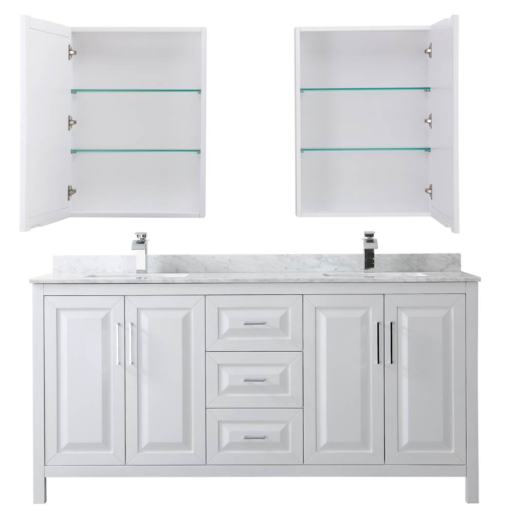 Daria 72 Inch Double Bathroom Vanity in Dark Blue, White Carrara Marble Countertop, Undermount Square Sinks, Medicine Cabinets