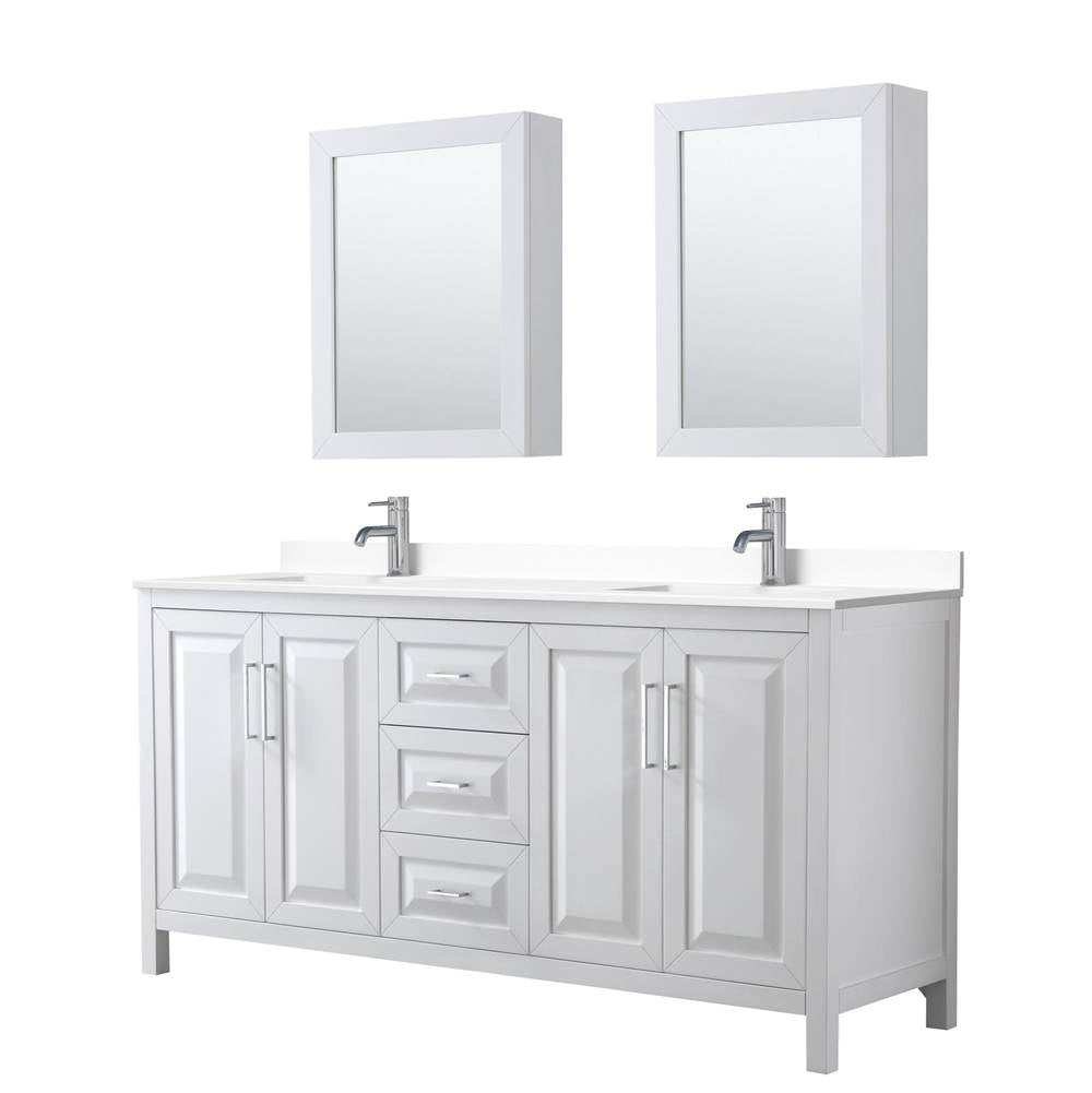 Wyndham Collection - Daria 72 Inch Double Bathroom Vanity in White, White Cultured Marble Countertop, Undermount Square Sinks, Medicine Cabinets