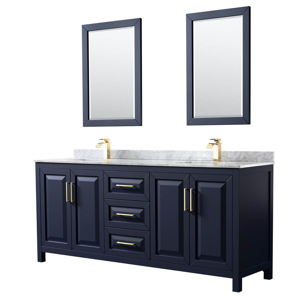 Wyndham Collection - Daria 80 Inch Double Bathroom Vanity in Dark Blue, White Carrara Marble Countertop, Undermount Square Sinks, 24 Inch Mirrors - Dark Blue