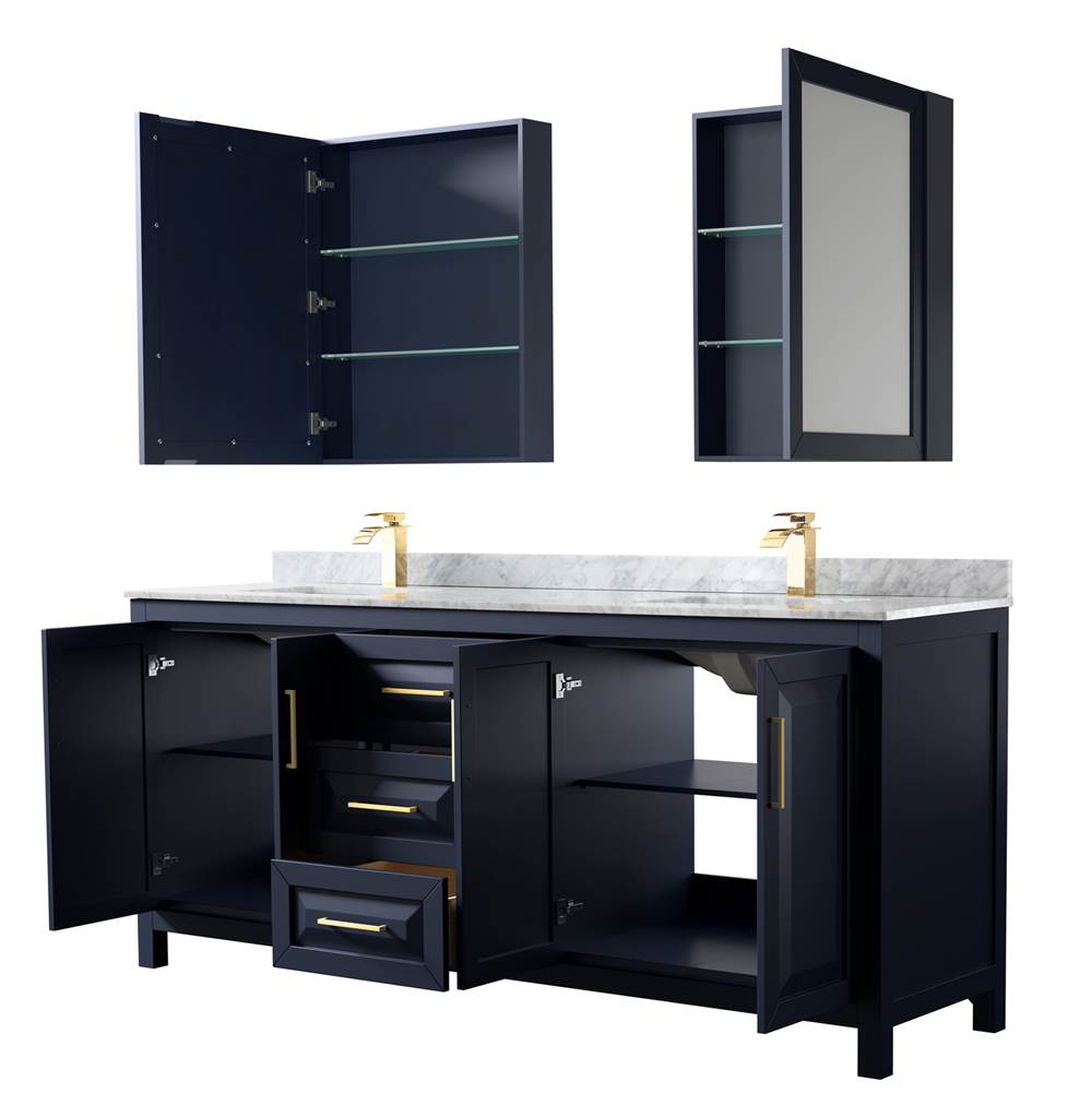 Daria 80 Inch Double Bathroom Vanity in Dark Blue, White Carrara Marble Countertop, Undermount Square Sinks, Medicine Cabinets