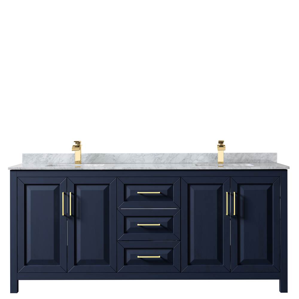 Daria 80 Inch Double Bathroom Vanity in Dark Blue, White Carrara Marble Countertop, Undermount Square Sinks, No Mirror