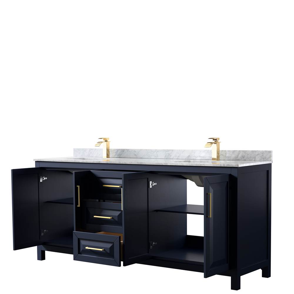 Daria 80 Inch Double Bathroom Vanity in Dark Blue, White Carrara Marble Countertop, Undermount Square Sinks, No Mirror