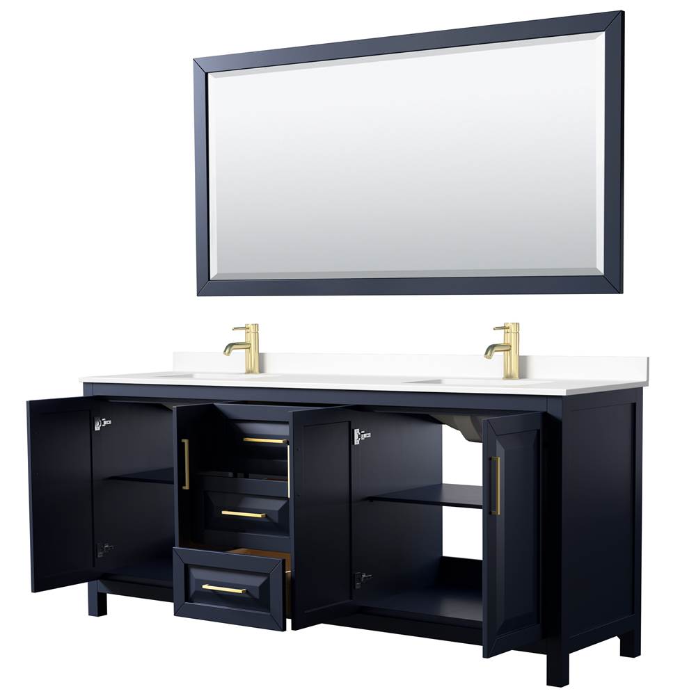 Daria 80 Inch Double Bathroom Vanity in Dark Blue, White Cultured Marble Countertop, Undermount Square Sinks, 70 Inch Mirror