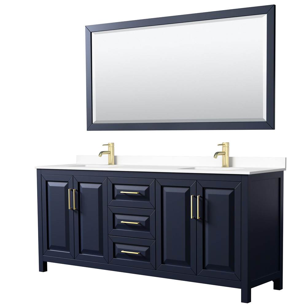 Wyndham Collection - Daria 80 Inch Double Bathroom Vanity in Dark Blue, White Cultured Marble Countertop, Undermount Square Sinks, 70 Inch Mirror
