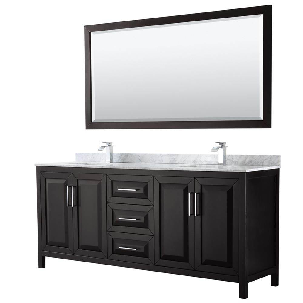 Wyndham Collection - Daria 80 Inch Double Bathroom Vanity in Dark Espresso, White Carrara Marble Countertop, Undermount Square Sinks, and 70 Inch Mirror - Dark Espresso