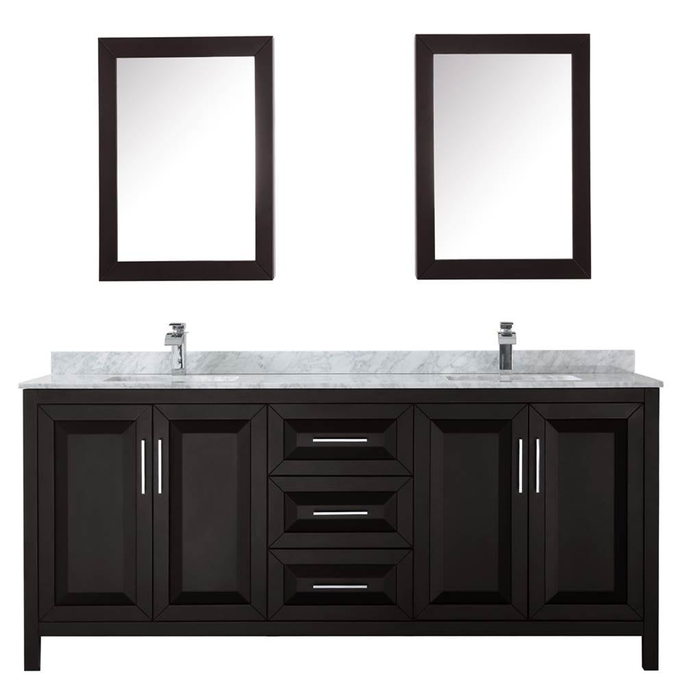 Daria 80 Inch Double Bathroom Vanity in Dark Blue, White Carrara Marble Countertop, Undermount Square Sinks, Medicine Cabinets