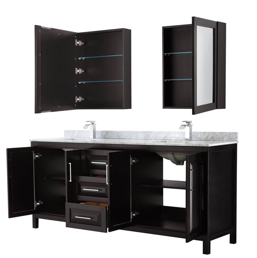 Daria 80 Inch Double Bathroom Vanity in Dark Blue, White Carrara Marble Countertop, Undermount Square Sinks, Medicine Cabinets