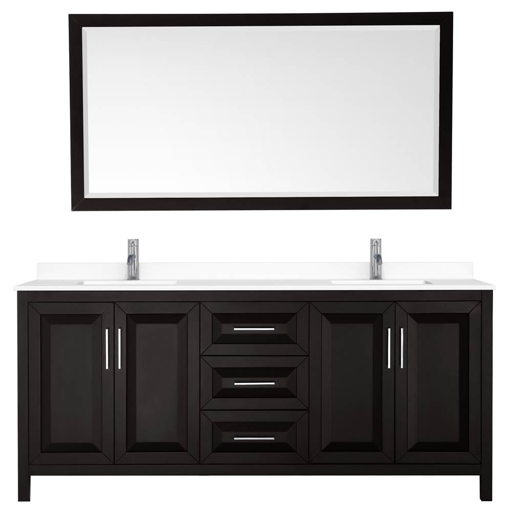 Daria 80 Inch Double Bathroom Vanity in Dark Espresso, White Cultured Marble Countertop, Undermount Square Sinks, 70 Inch Mirror