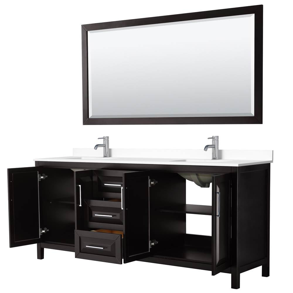 Daria 80 Inch Double Bathroom Vanity in Dark Espresso, White Cultured Marble Countertop, Undermount Square Sinks, 70 Inch Mirror