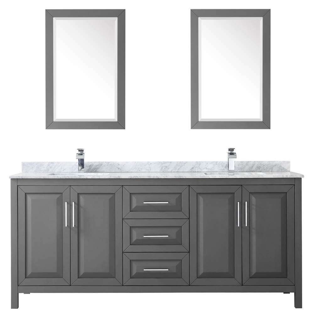 Daria 80 Inch Double Bathroom Vanity in Dark Blue, White Carrara Marble Countertop, Undermount Square Sinks, 24 Inch Mirrors